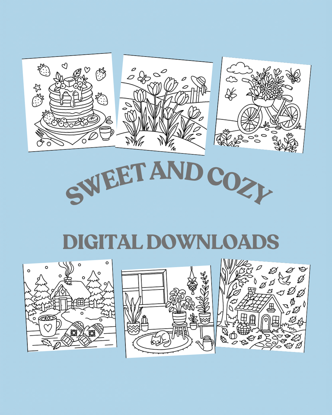 Sweet and Cozy Digital Downloads – Relaxing Coloring Pages (6 Designs)