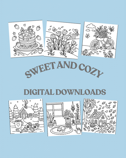 Sweet and Cozy Digital Downloads – Relaxing Coloring Pages (6 Designs)